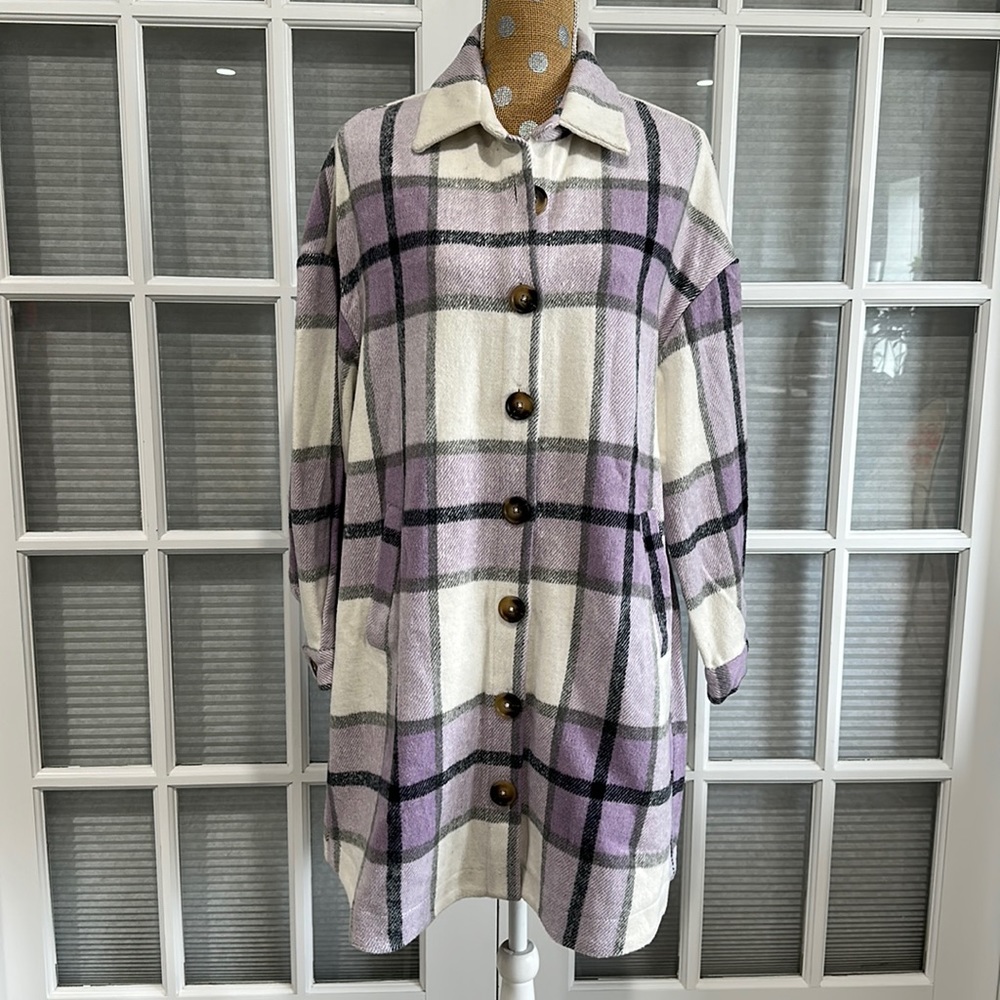 New never worn lavender, cream, black and grey longer length shacket large